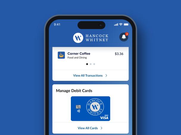 Hancock Whitney mobile app debit card controls