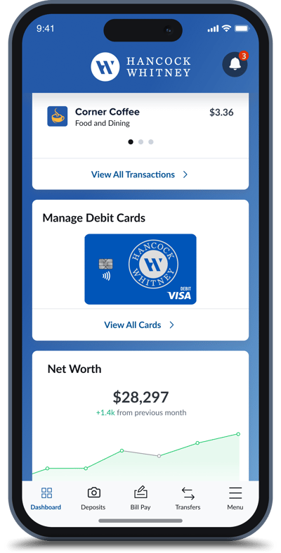 Hancock Whitney mobile app debit card controls