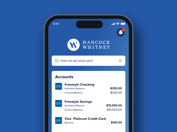 Hancock Whitney mobile app dashboard