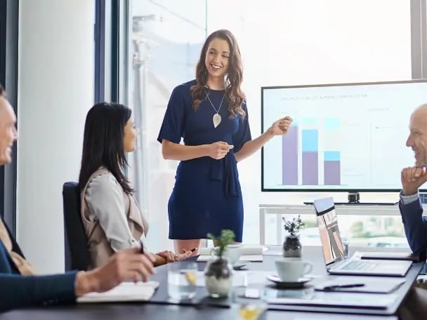 Businesswoman delivering presentation on derivative options