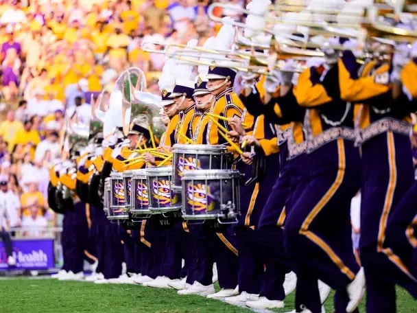 LSU band playing on the football field