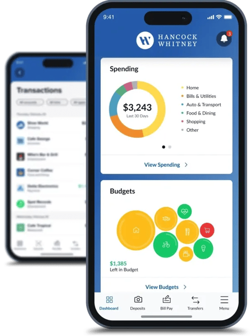 Hancock Whitney mobile app displaying budgeting tools