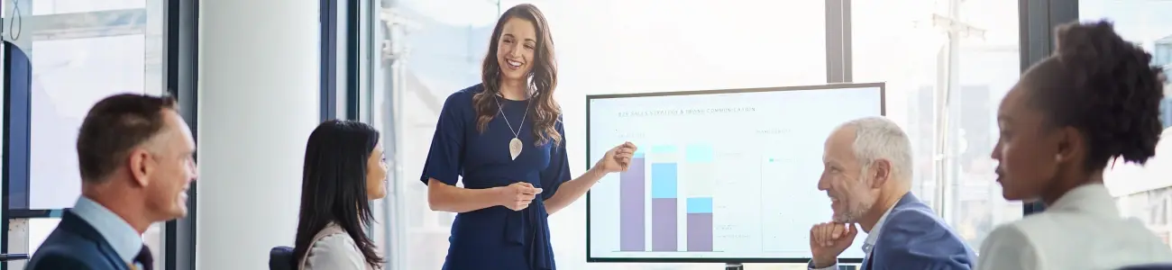 Businesswoman presenting on derivatives and interest rate risk management