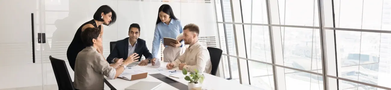 Corporate team discussing securities underwriting